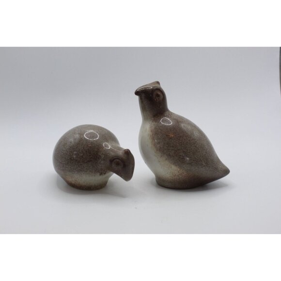 Studio Pottery Quail Figurines • Ceramic Bird Pair • Brown & Cream Glaze Decor - Picture 2 of 9